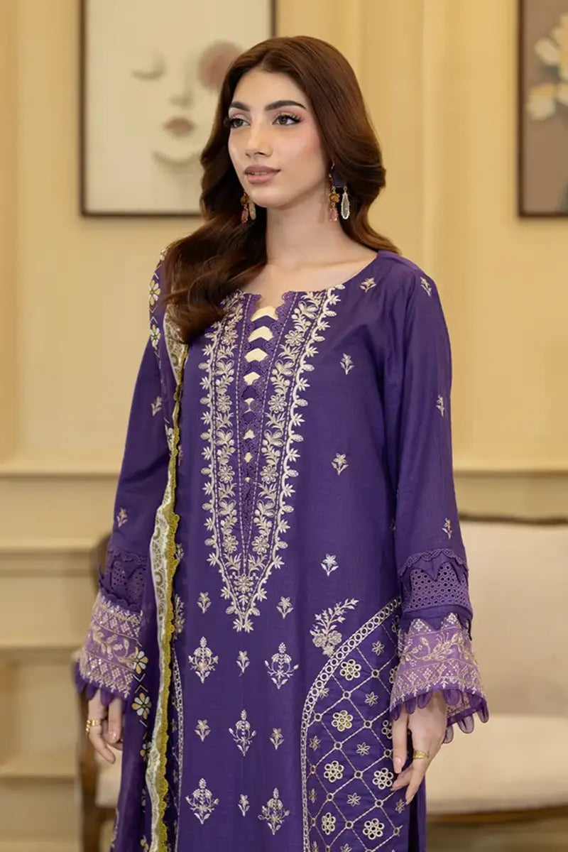 Elvia By Johra - 3PC Unstitched Embroidered Lawn Suit (Purple)