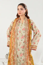 Zesh - 3PC Unstitched Embroidered Lawn Suit (Light Warm Gray & Mustard Yellow)