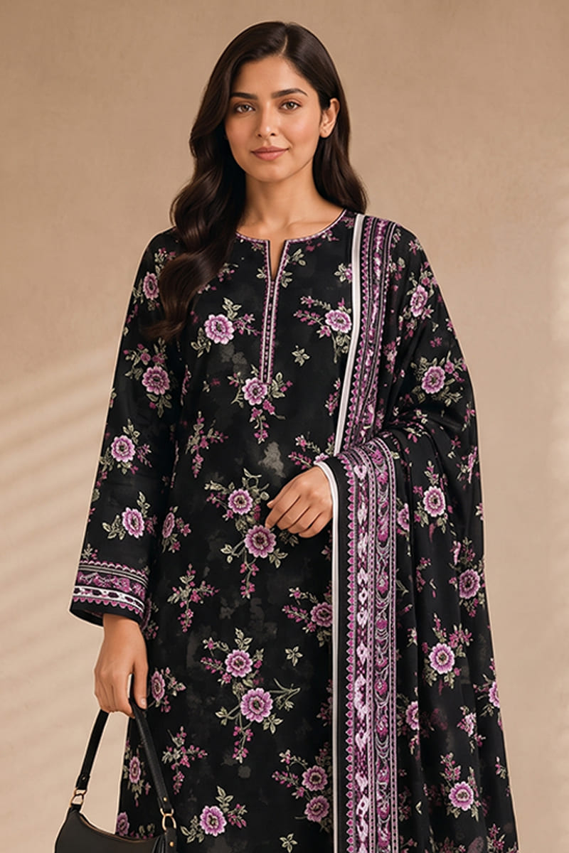 Khaadi (Vol.5) – 3 Piece Unstitched Printed Lawn Suit (Jet Black & Lavender Pink)