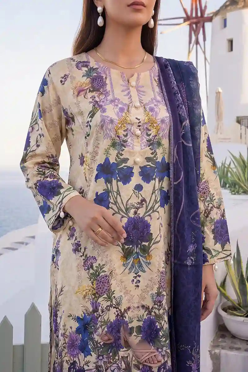 Aabruh Vol-1 3PC Unstitched Printed Lawn Suit (Creamy Vanilla & Deep Indigo Purple)