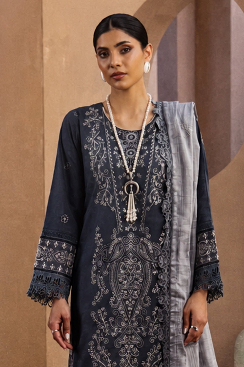 Mahrin By Johra - Premium 3PC Unstitched Embroidered Lawn Suit (Midnight Blue & Gray)