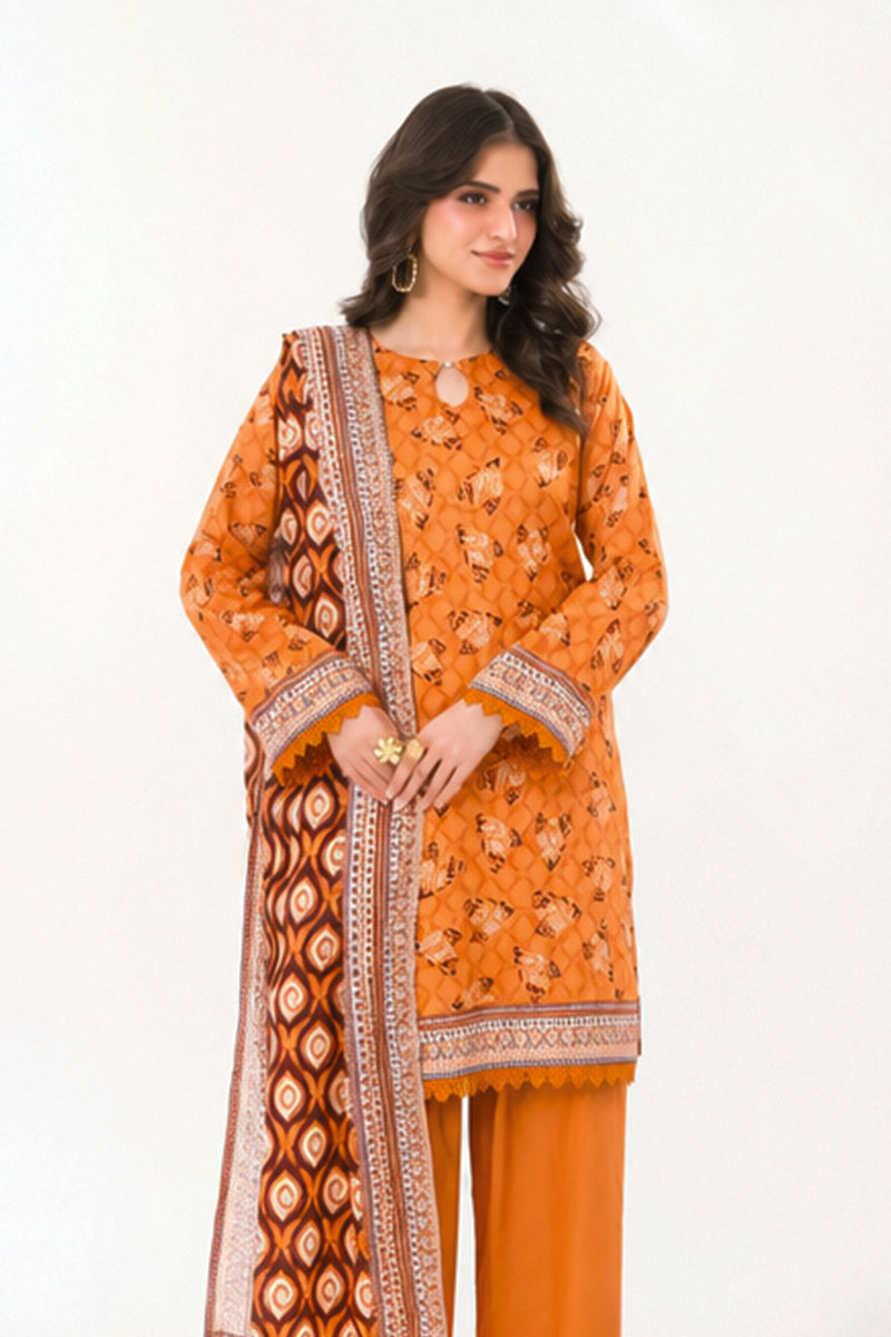 Zesh - Drop Fourteen Printed Series 3PC Unstitched Lawn Suit (Orange)