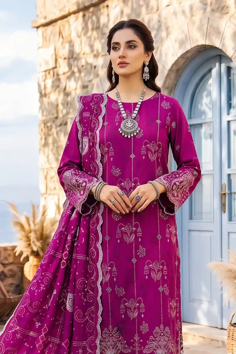 Zesh - 3PC Unstitched Embroidered Lawn Suit (Deep Fuchsia)