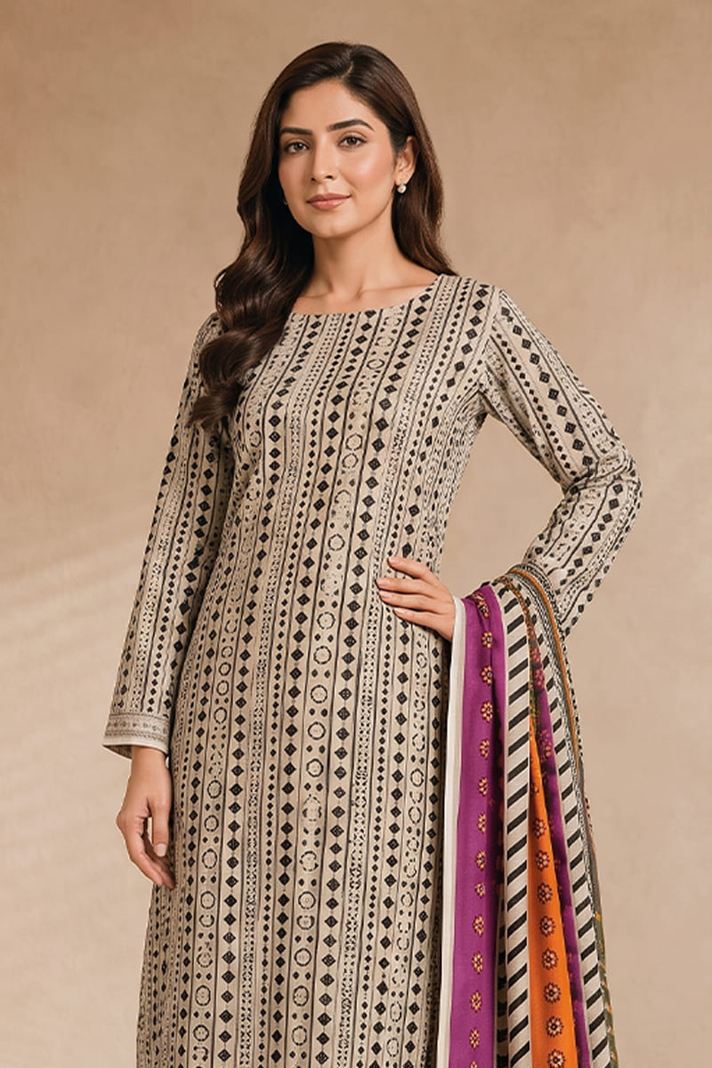 Khaadi (Vol.5) – 3 Piece Unstitched Printed Lawn Suit (Light Gray Beige)