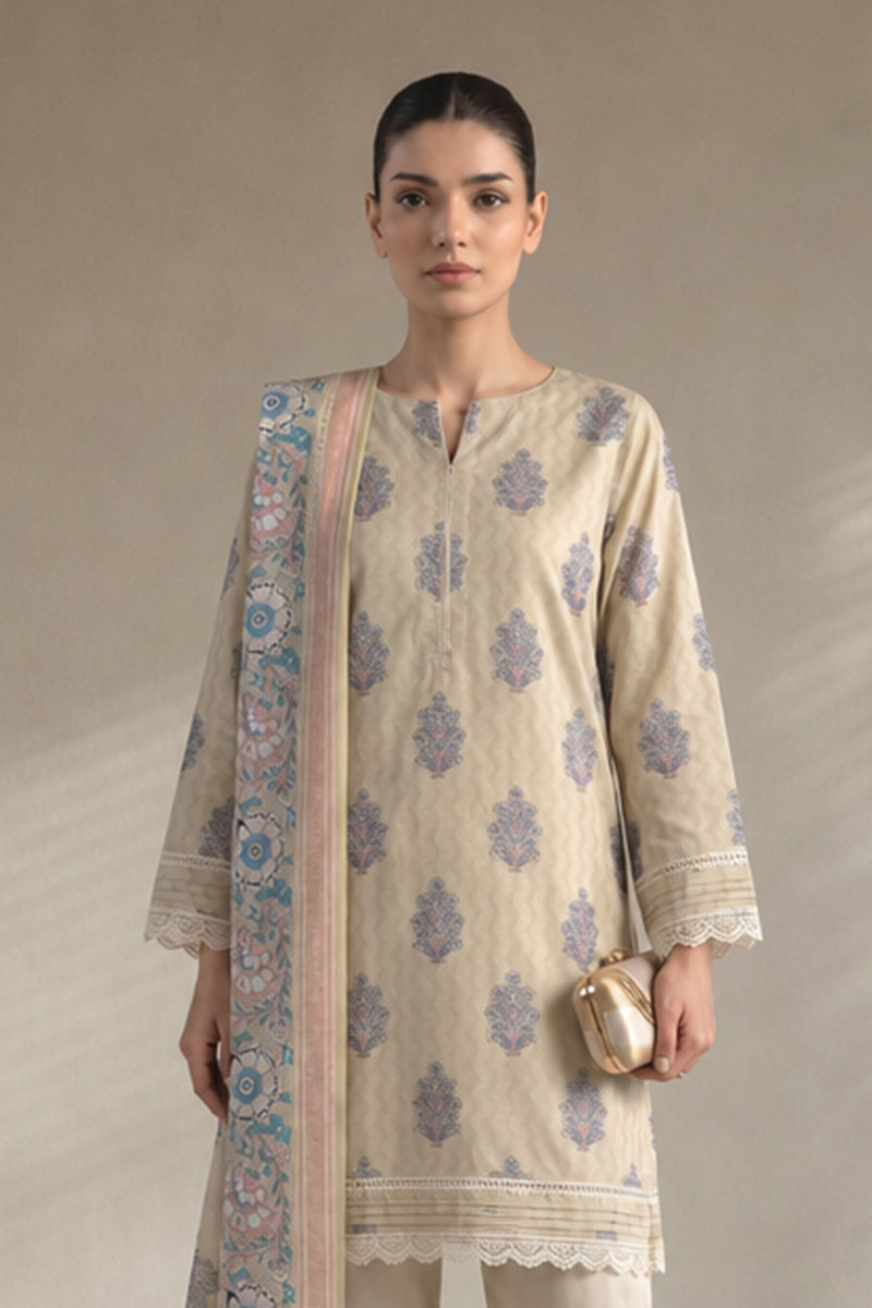 Khaadi – 3 Piece Unstiched Premium Printed Lawn Suit (Light Khaki)