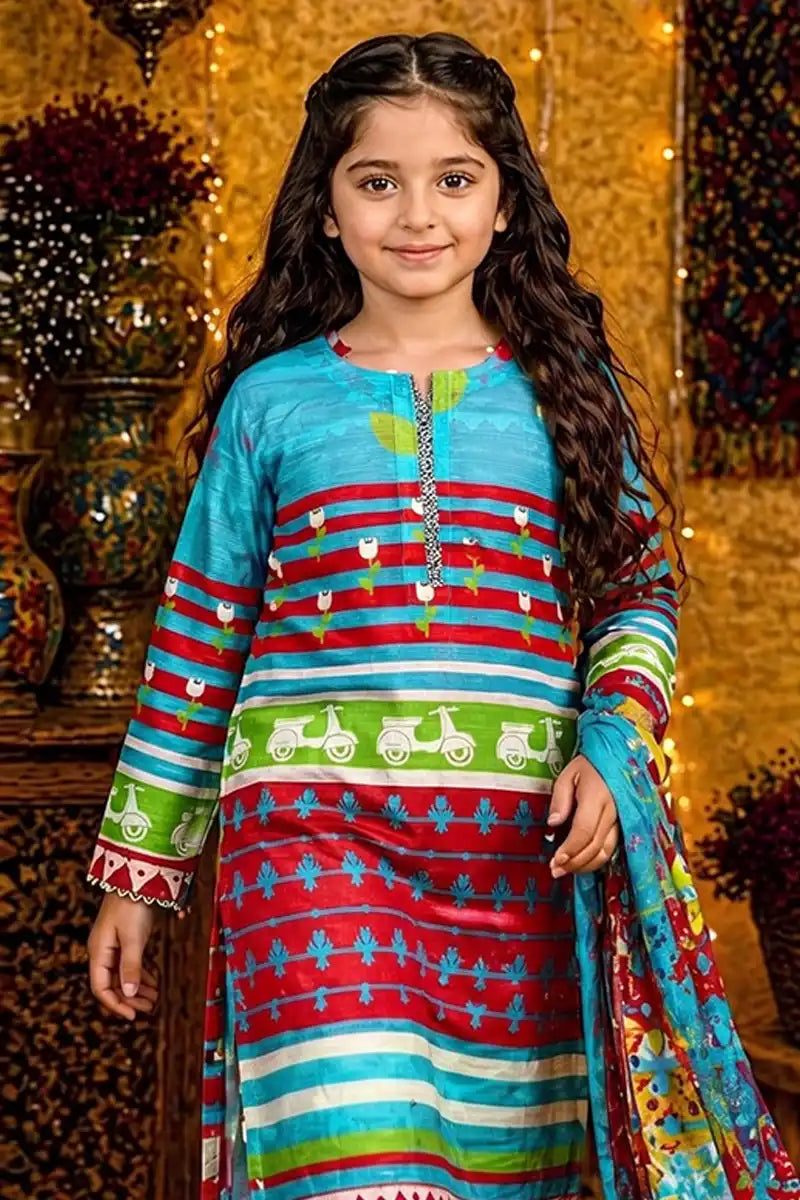 Ting Tone by Almeerah - Girls Unstitched 2-Piece Suit (8 to 12 Years) (Sky Blue & Bright Crimson)