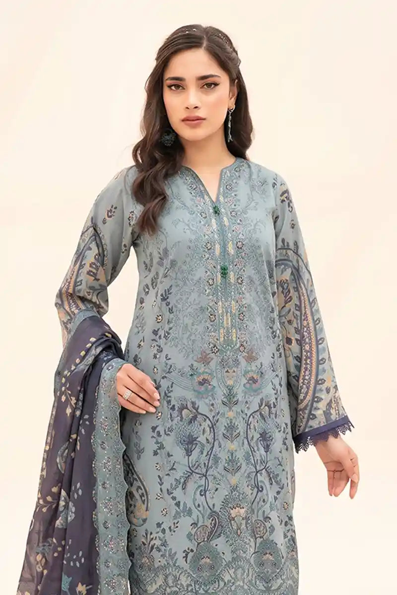 Zesh - 3PC Unstitched Embroidered Lawn Suit (Dusty Teal & Slate Grey)