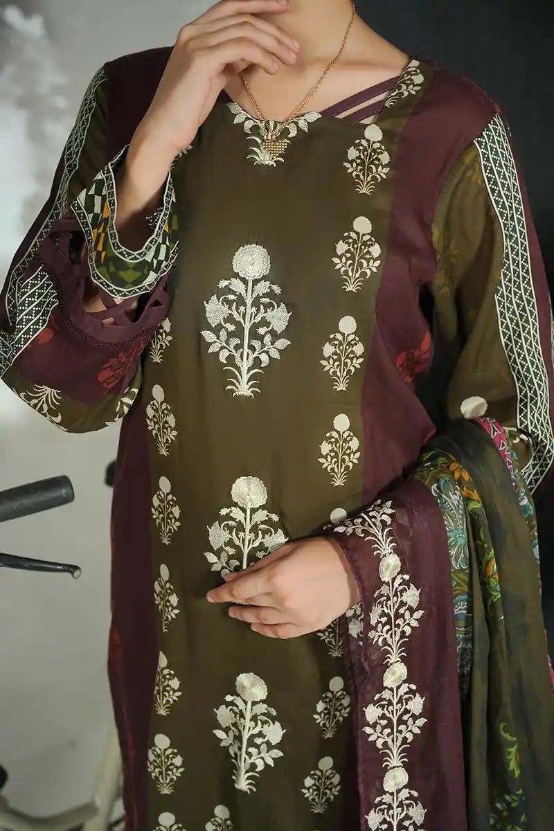 Mehrun by KBC Fashion Unstitched 3-Piece Lawn Collection (Deep Plum & Olive)
