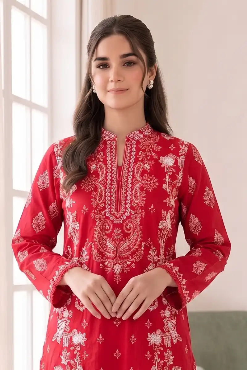 Roshaan by KBC Fashion Stitched 3-Piece Lawn Suit (Vibrant Crimson Red)