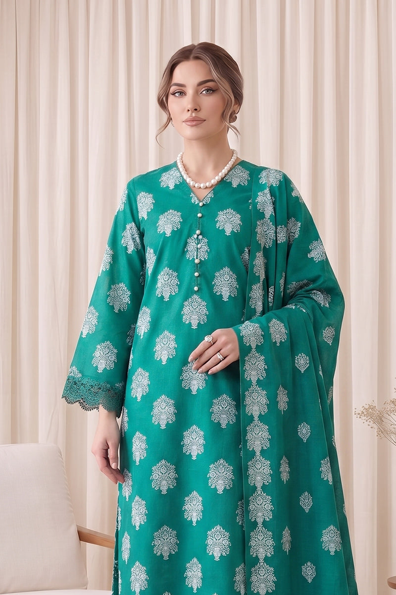 Gul Rang By Bareezé – 3-Piece Unstiched Printed Classic Lawn (Sea Green)