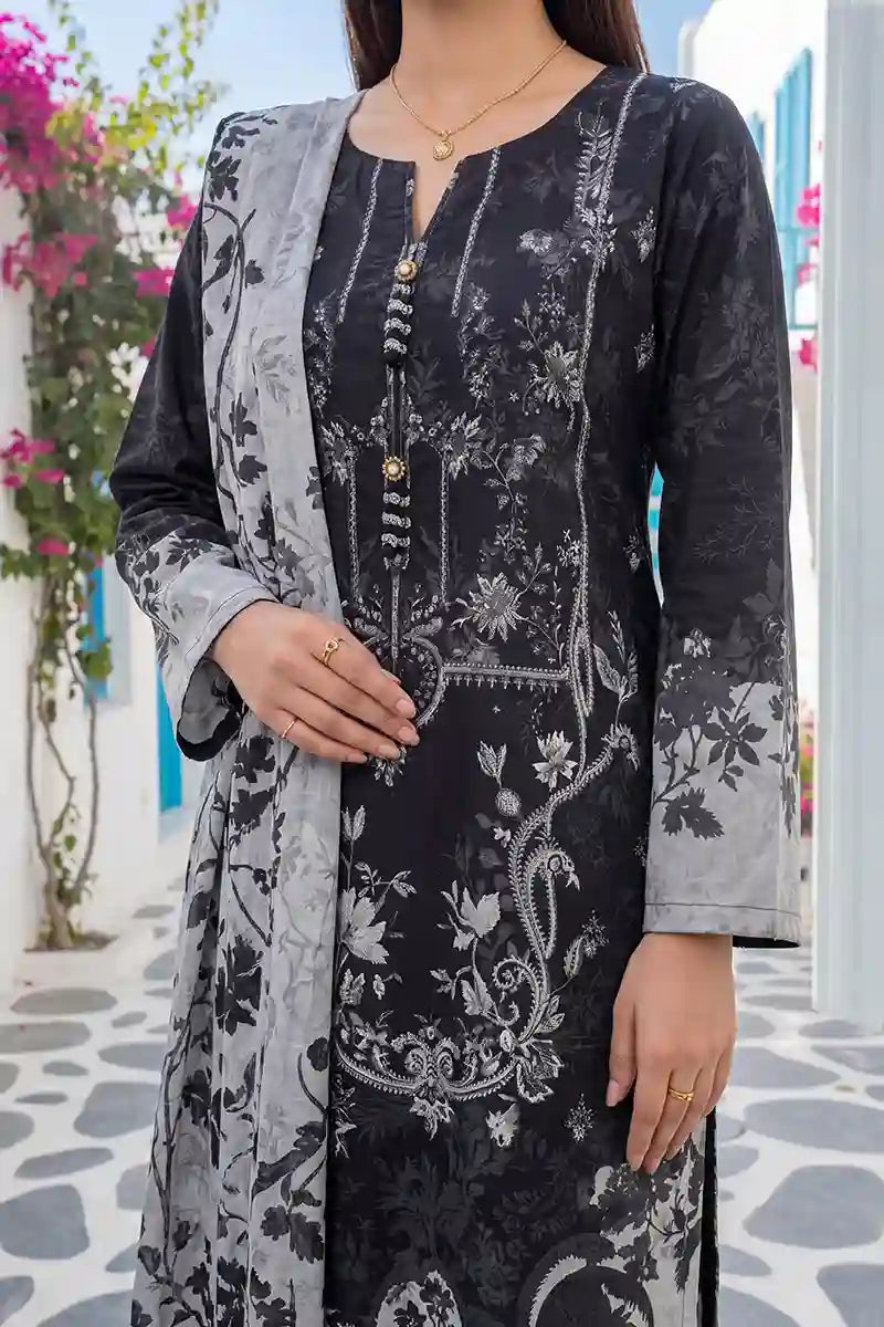 Aabruh Vol-1 3PC Unstitched Printed Lawn Suit (Jet Black & Light Slate Gray)