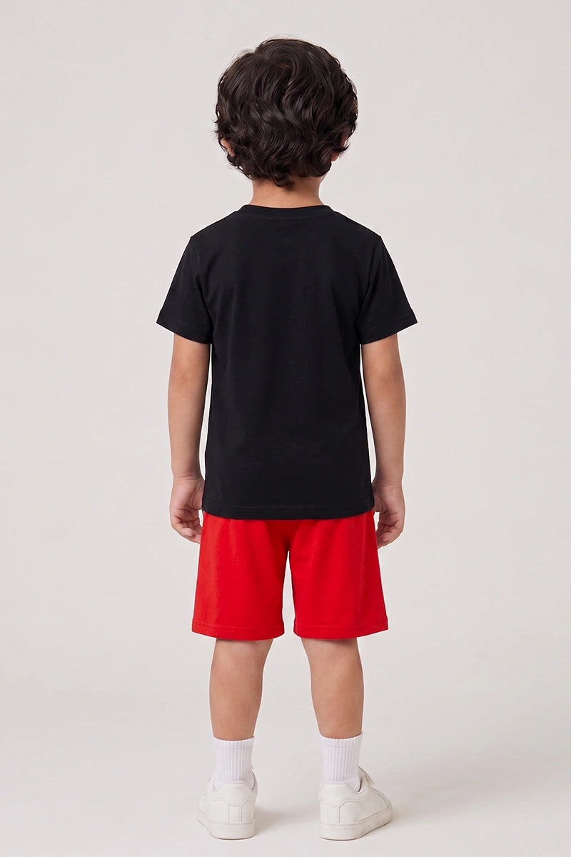 Boys T-Shirt & Shorts Set (Jet Black & Red)