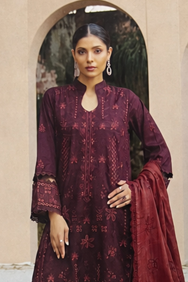 Mahrin By Johra - Premium 3PC Unstitched Embroidered Lawn Suit (Dark Boysen Berry & Oxblood)