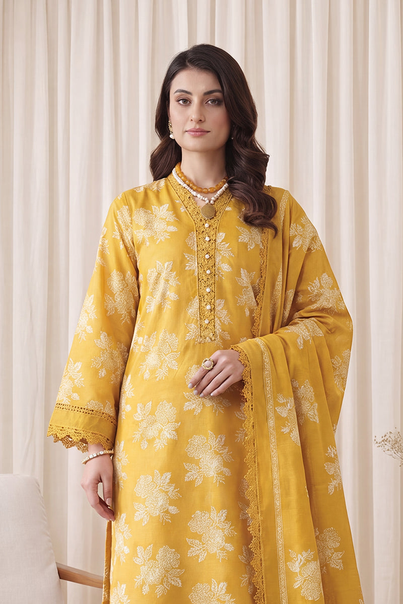Gul Rang By Bareezé – 3-Piece Unstiched Printed Classic Lawn (Mustard Yellow)