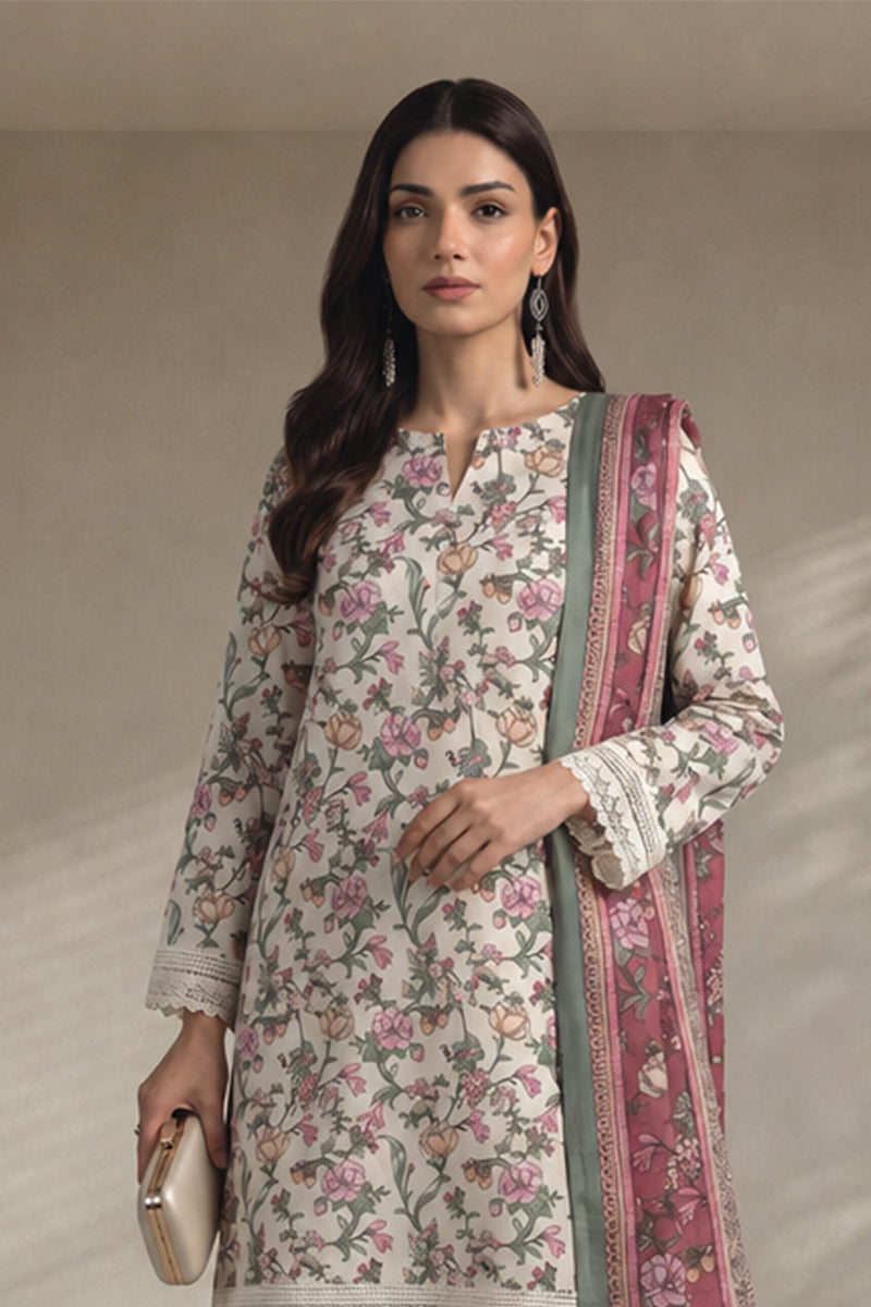 Khaadi – 3 Piece Unstiched Premium Printed Lawn Suit (Cream & Muted Berry)