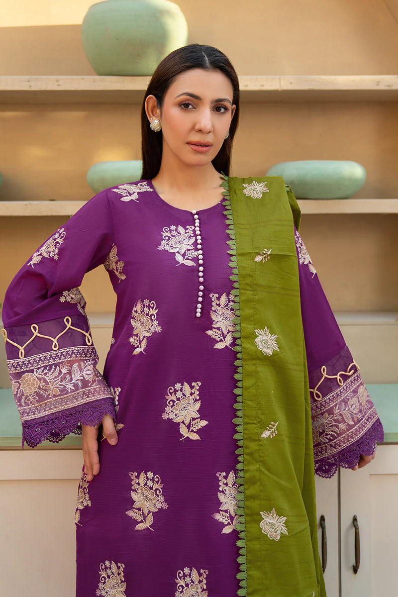 Khimar By Johra - 3PC Unstitched Embroidered Lawn Suit (Purple & Olive Green)