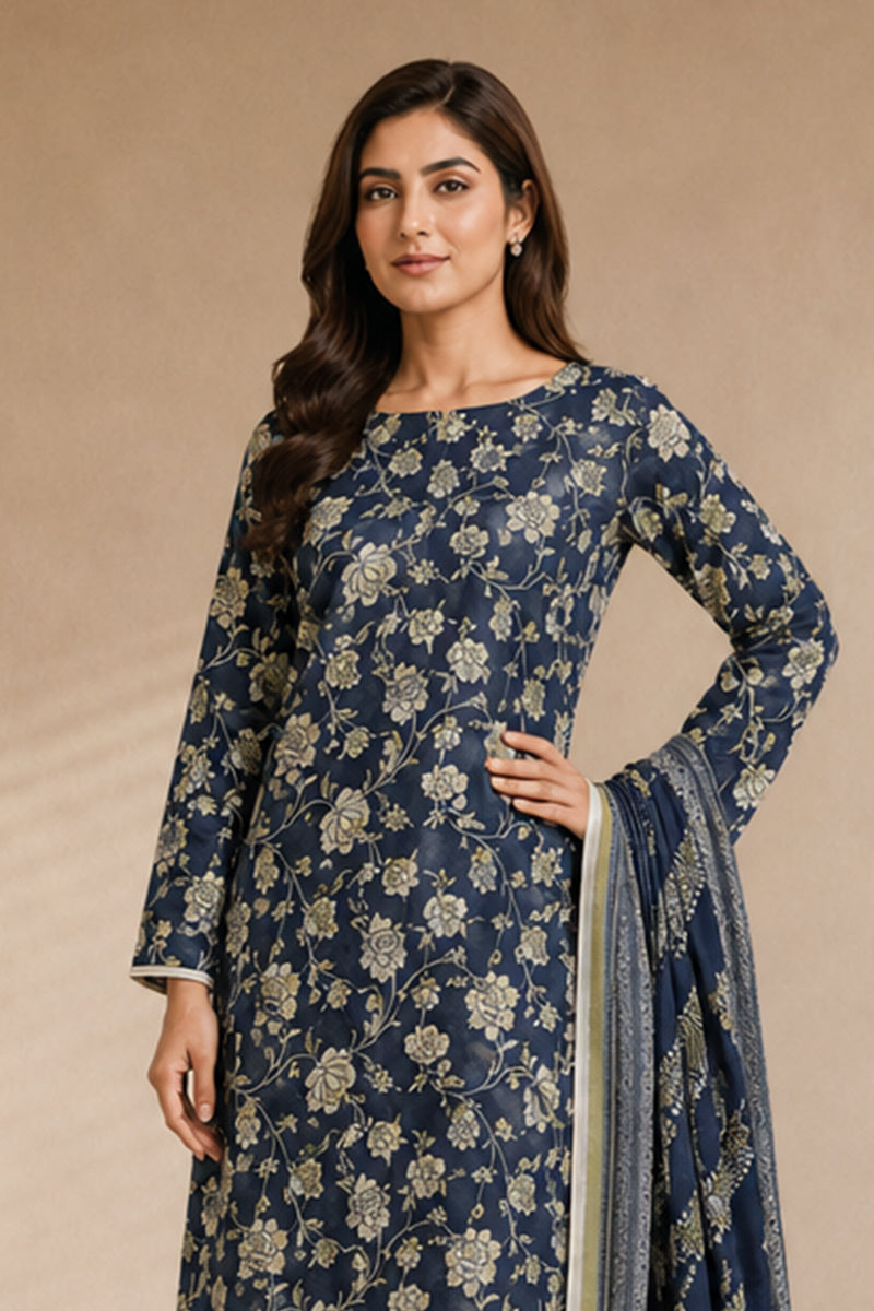 Khaadi (Vol.4) – 3 Piece Unstitched Printed Lawn Suit (Deep Navy & Champagne Floral)