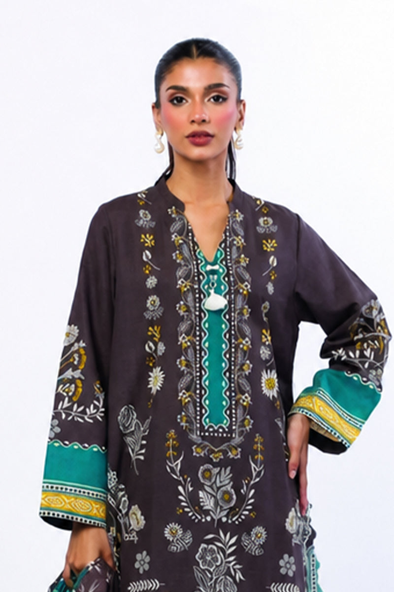 Khaadi – 3 Piece Unstiched Printed Lawn Suit (Charcoal Brown & Emerald Teal)