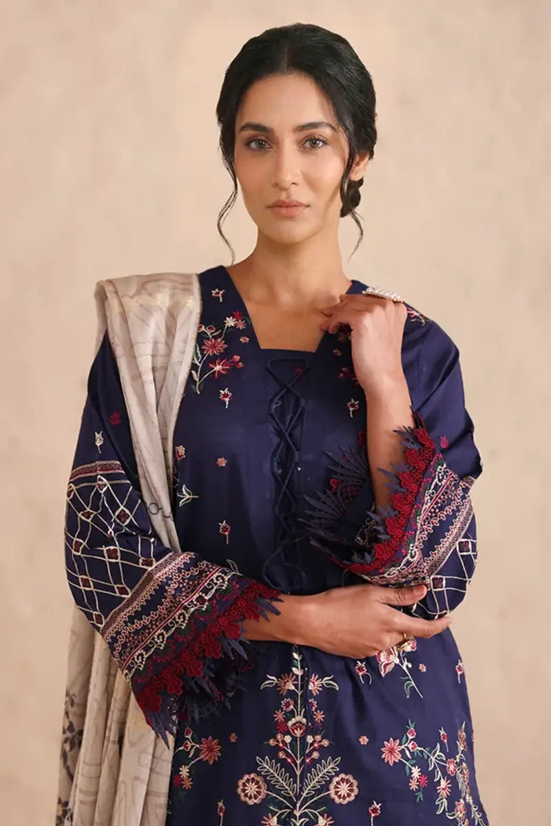 Vasal By Johra - 3PC Unstitched Embroidered Lawn Suit (Navy Blue)