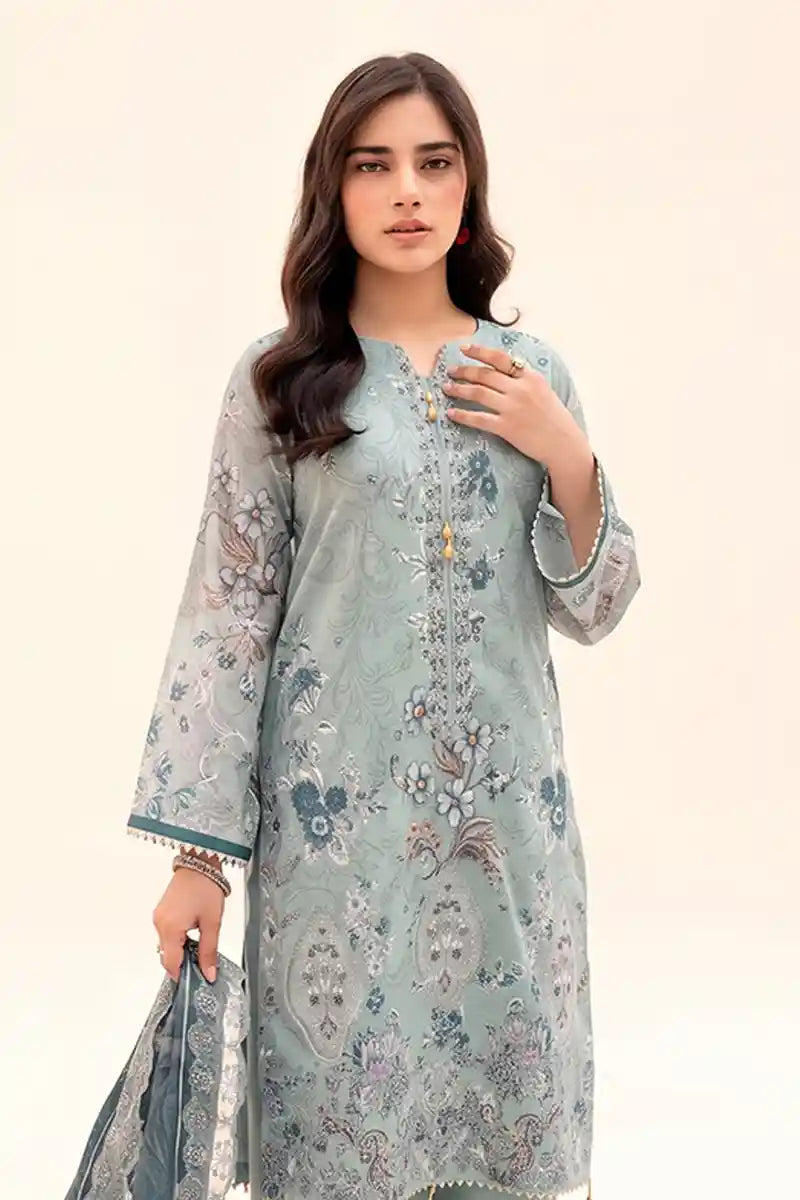 Zesh - 3PC Unstitched Embroidered Lawn Suit (Dusty Seafoam & Deep Slate Teal)
