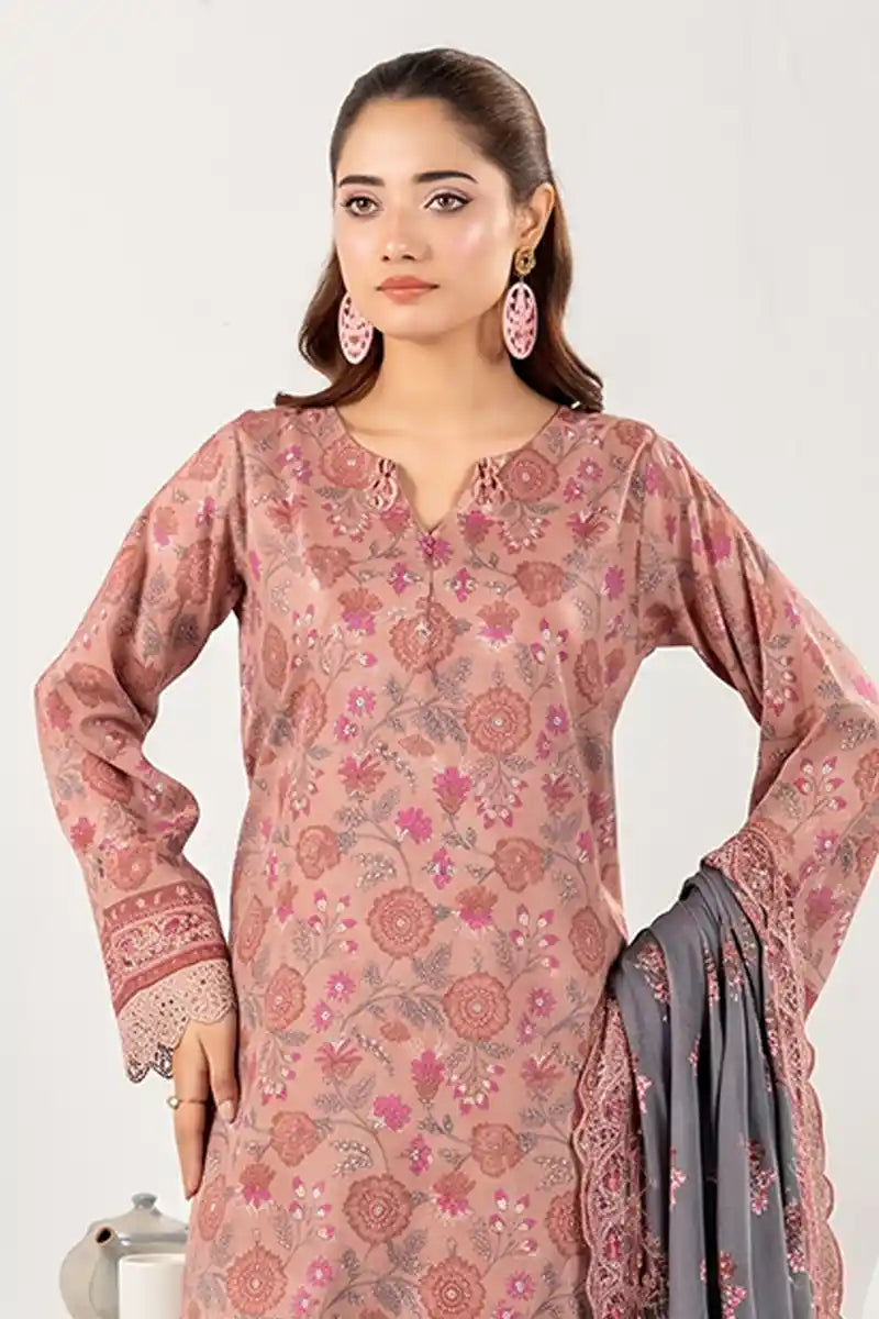 Zesh - 3PC Unstitched Embroidered Lawn Suit (Dusty Rose & Steel Blue)