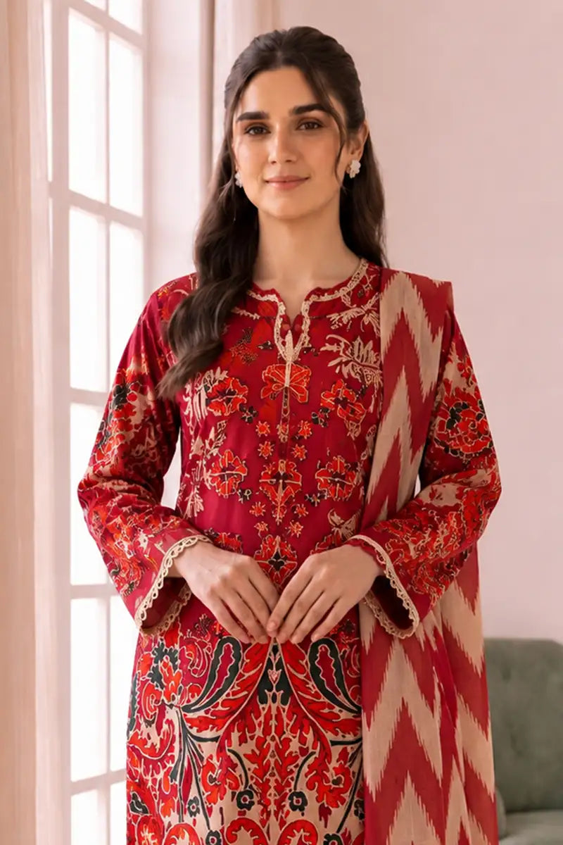 Roshaan by KBC Fashion Stitched 3-Piece Lawn Suit (Rich Ruby Red)