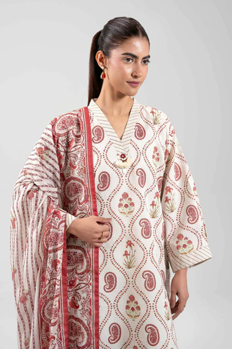 Elahéh By Maria B - 3PC Unstitched Digital Printed Lawn Suit (Cream & Rich Red)