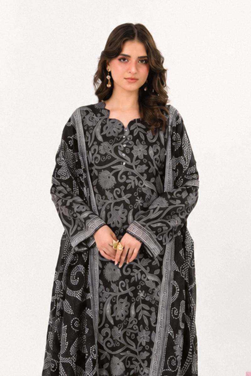 Zesh - Drop Fourteen Printed Series 3PC Unstitched Lawn Suit (Charcoal & Black)