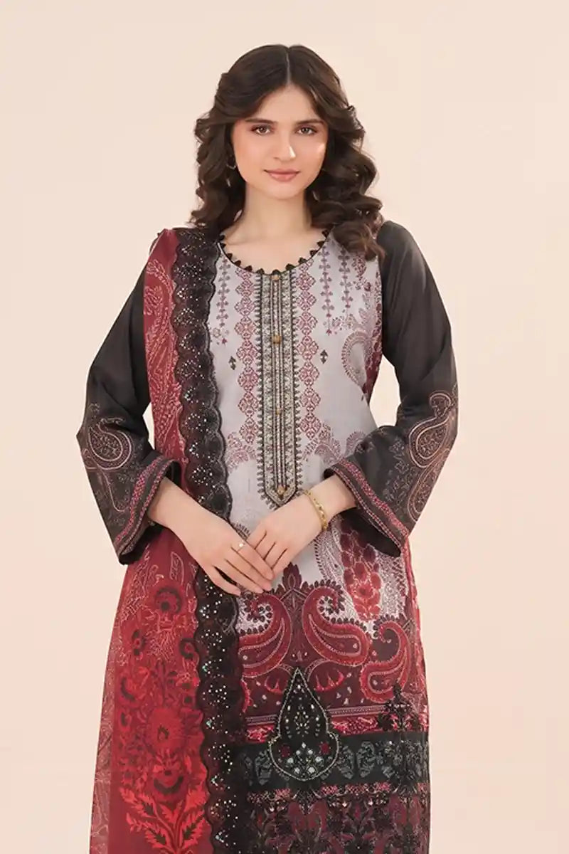 Zesh - 3PC Unstitched Embroidered Lawn Suit (Deep Crimson Red, Charcoal & Light Grey)
