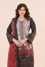 Zesh - 3PC Unstitched Embroidered Lawn Suit (Deep Crimson Red, Charcoal & Light Grey)