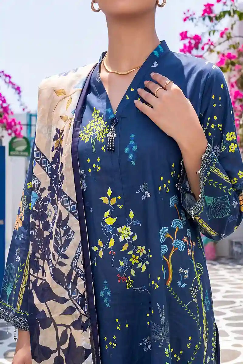 Aabruh Vol-1 3PC Unstitched Printed Lawn Suit (Deep Prussian & Slate Royal Blue)