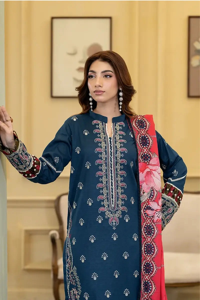 Elvia By Johra - 3PC Unstitched Embroidered Lawn Suit (Deep Teal Blue)
