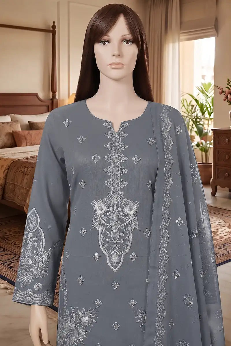 Arooj by Breeza Fashion - 3PC Unstitched Embroidered Lawn Suit (Slate Grey)
