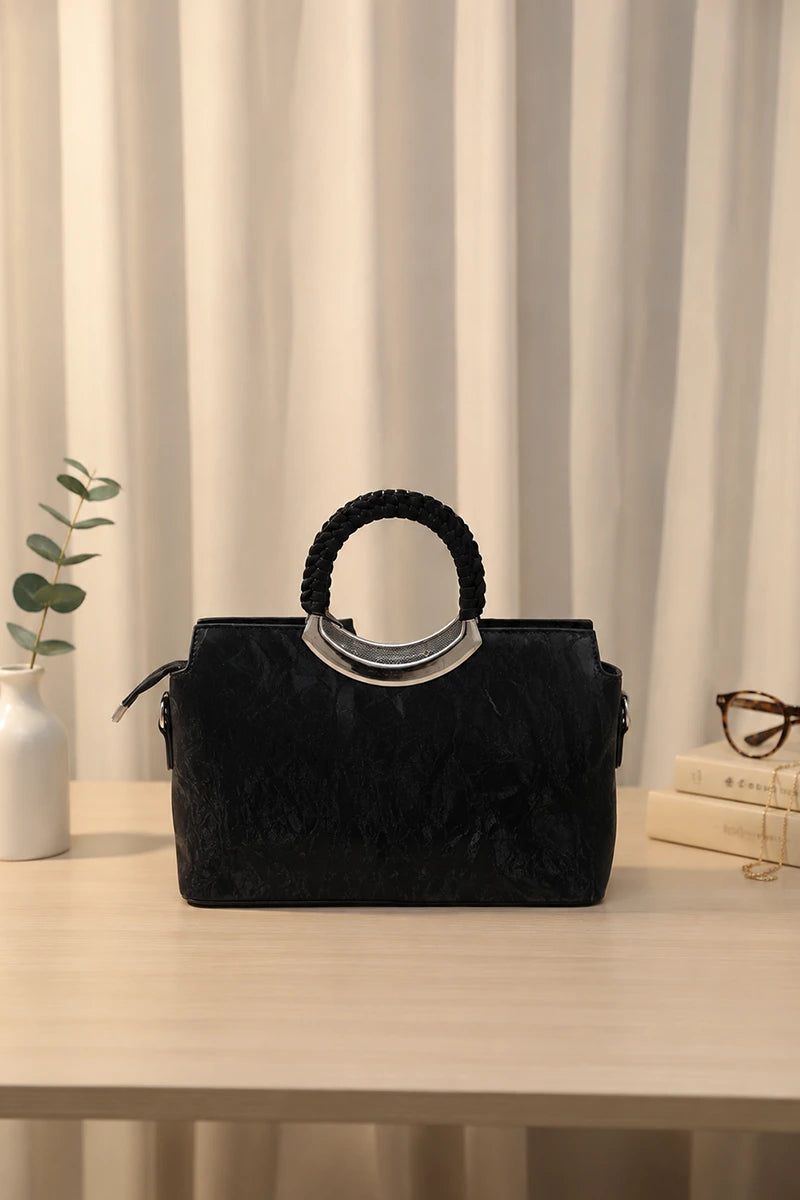 Top Handle Faux Leather Satchel Bag For Women (Black)