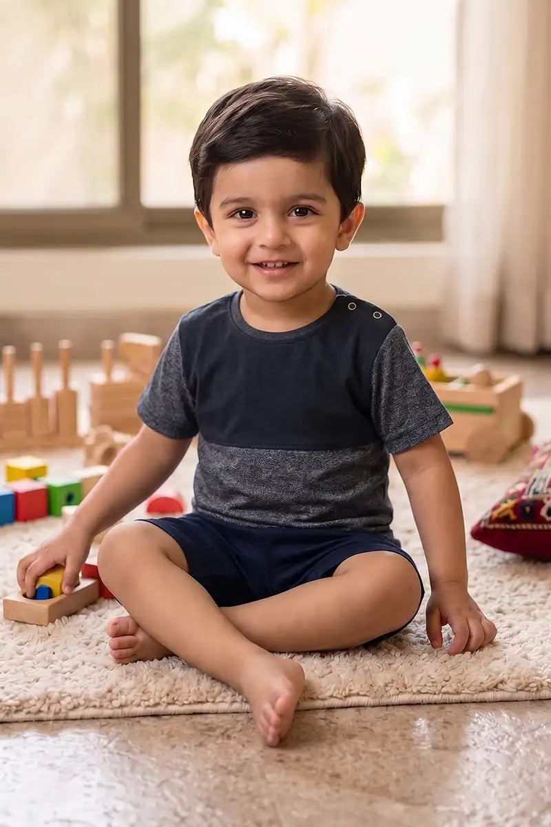 Boys Premium Cotton T-Shirt & Shorts Set (Steel Blue)