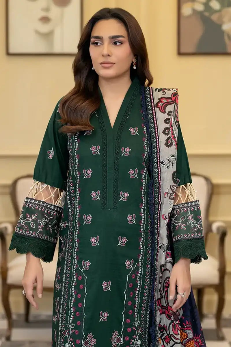 Elvia By Johra - 3PC Unstitched Embroidered Lawn Suit (Deep Forest)