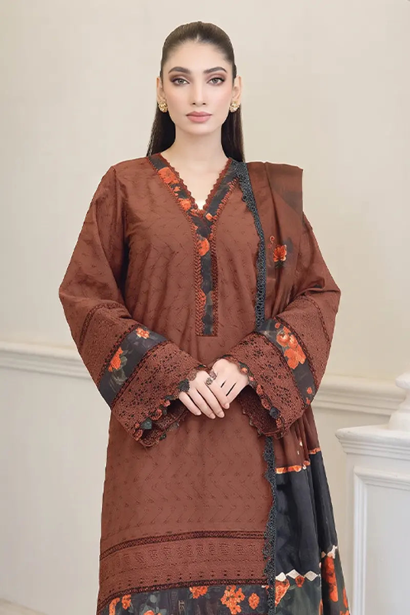 Emerald By Johra - 3 Piece Unstitched Embroidered Chikankari Lawn Suit (Brown)