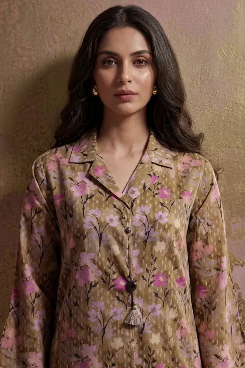 Saya Special Unstitched Khaddar 2-Piece Same Print Suit (Olive Brown)