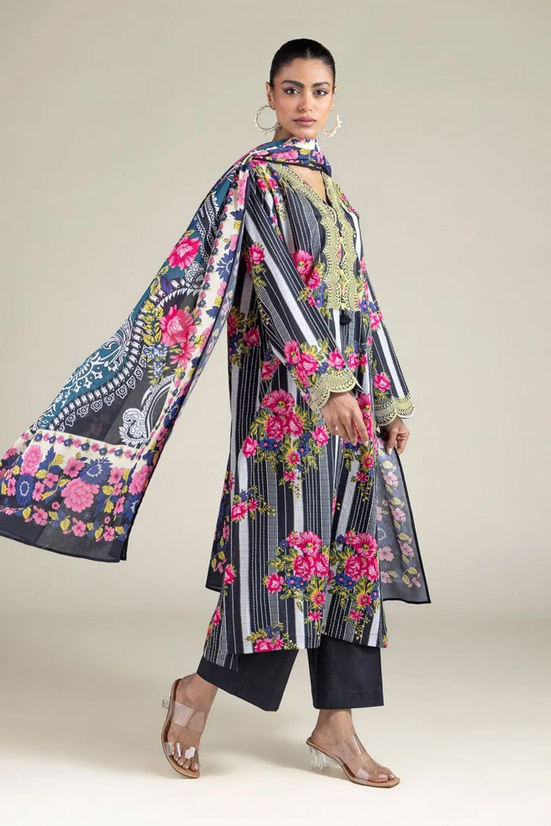 Khaadi – 3 Piece Unstitched Premium Embroidered Digital Printed Lawn Suit (Dark Charcoal & Magenta Pink)