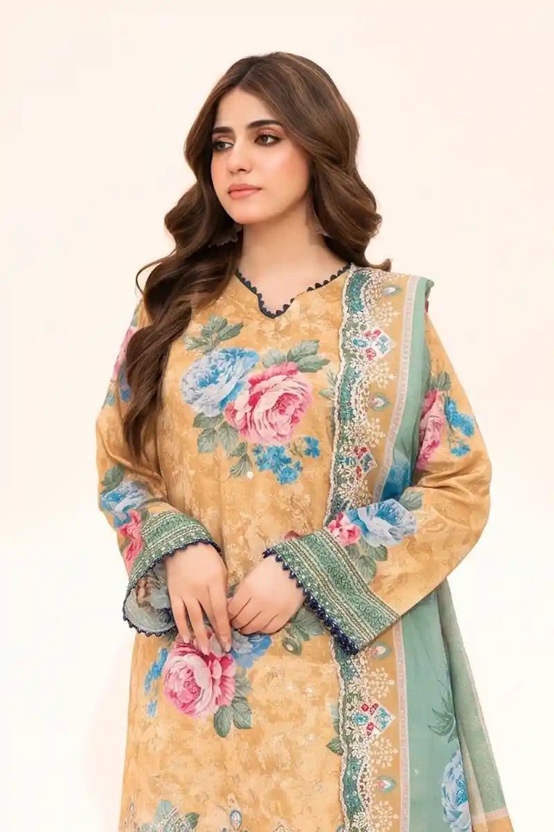 Zesh - 3PC Unstitched Embroidered Lawn Suit (Mustard Gold)
