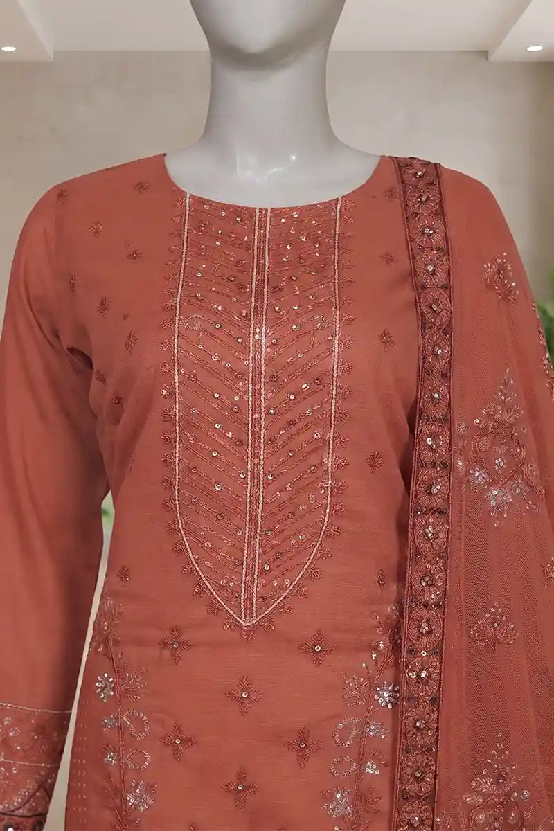 Pariyon Ki Rani by Breeza Fashion - 3PC Unstitched Embroidered Lawn Suit (Terracotta Red)