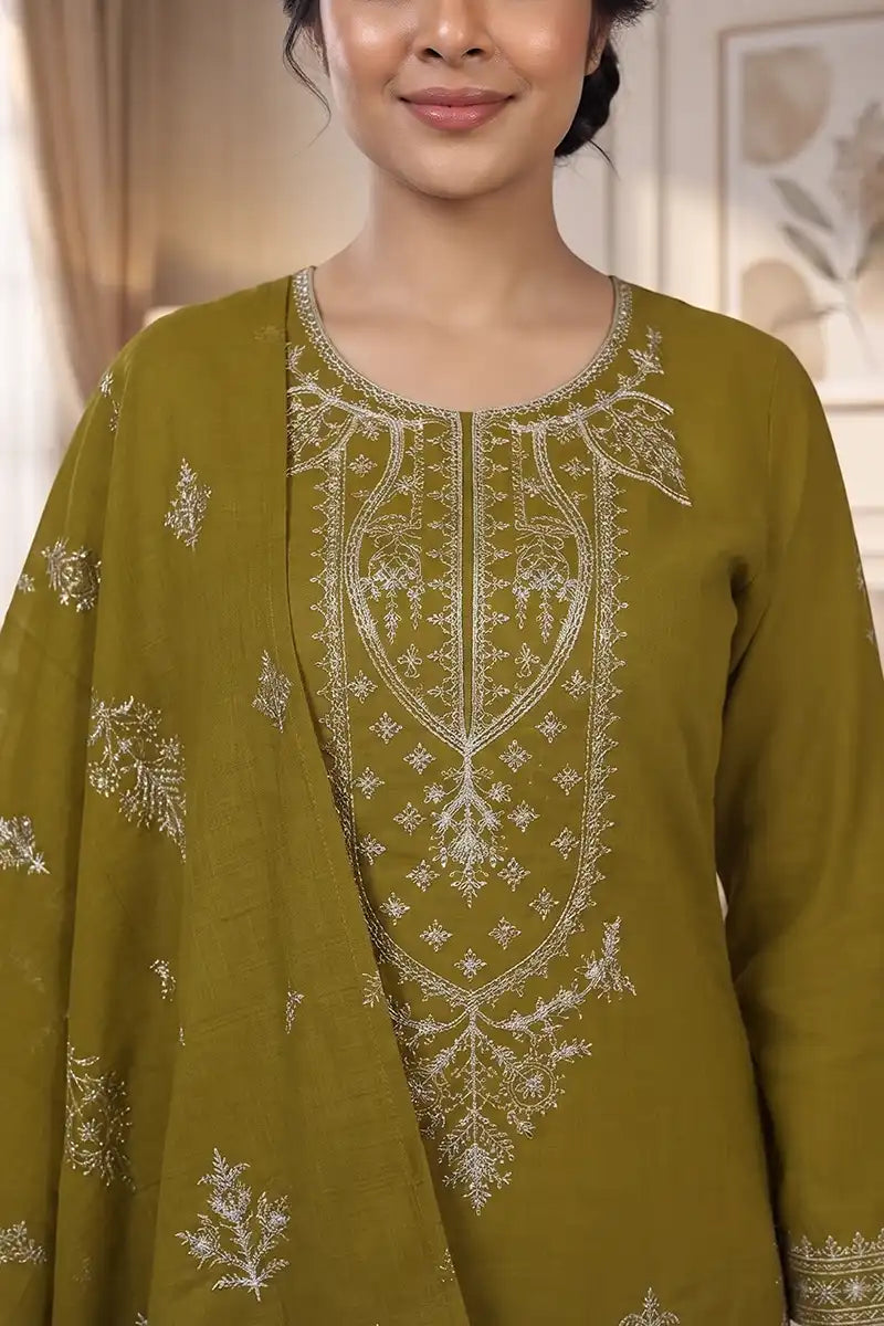 Gulmeher by Breeza Fashion - 3PC Unstitched Embroidered Lawn Suit (Olive Green)