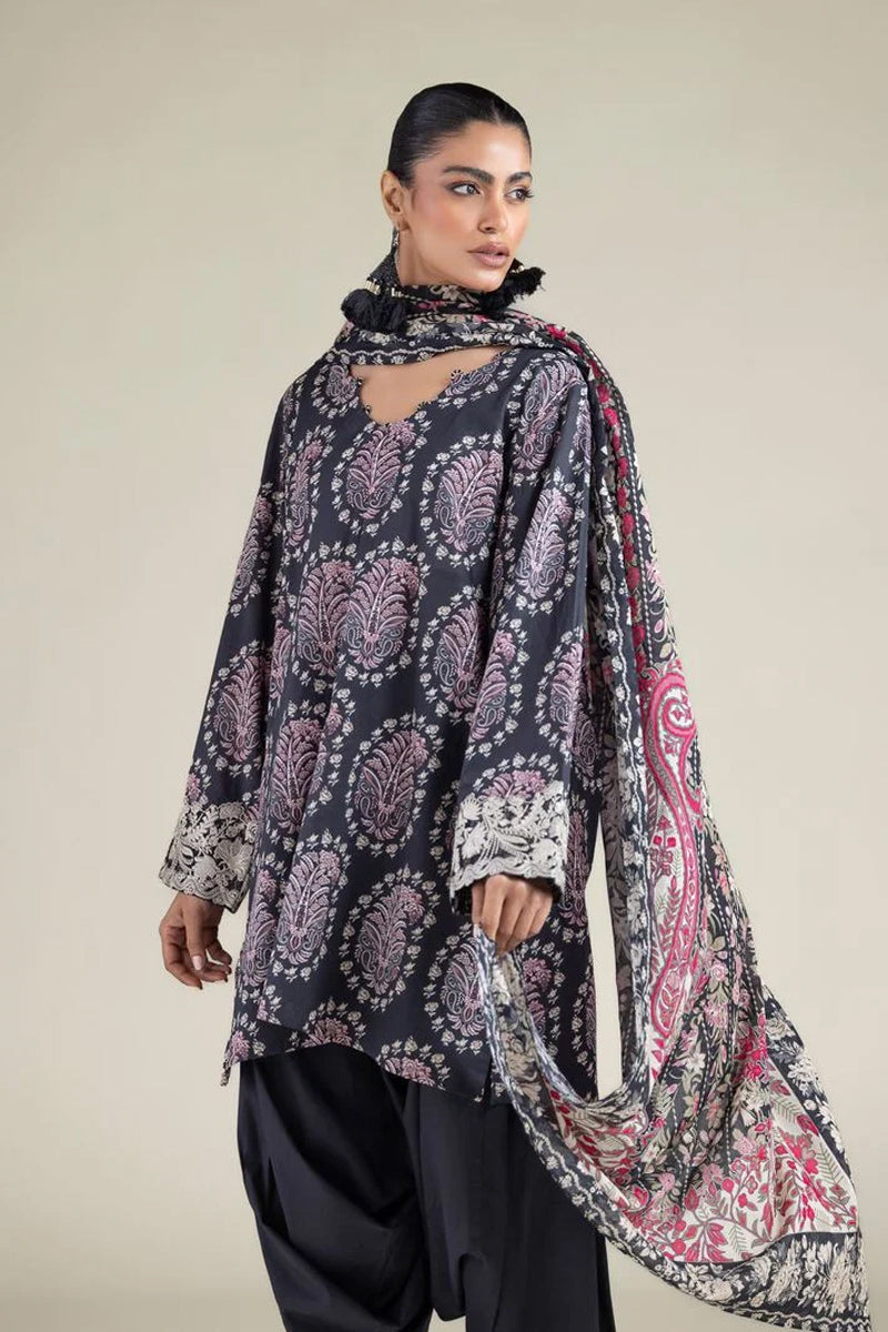 Khaadi – 3 Piece Unstitched Premium Embroidered Digital Printed Lawn Suit (Slate Black & Rose Pink)