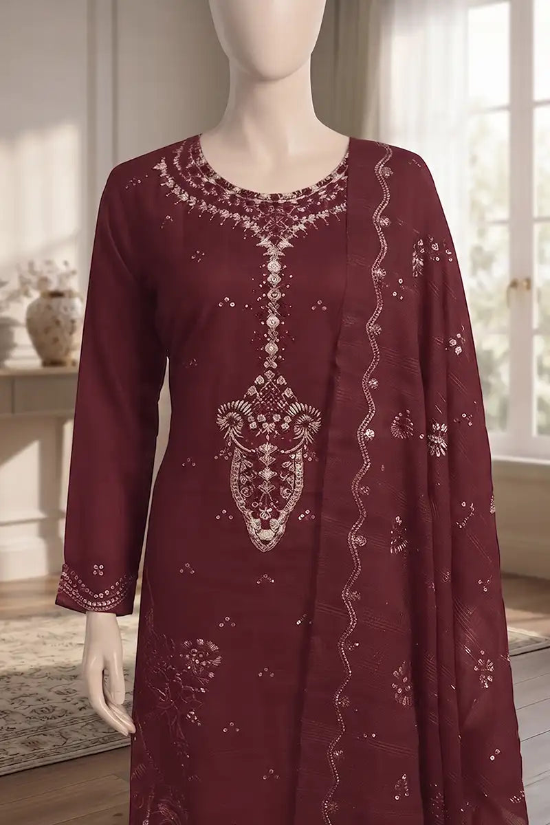 Roshan by Breeza Fashion - 3PC Unstitched Embroidered Lawn Suit (Deep Maroon)