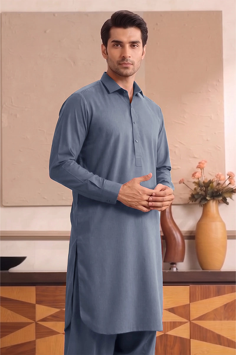 Yameen - Men’s Unstitched Cotton Fabric (Muted Denim Blue)