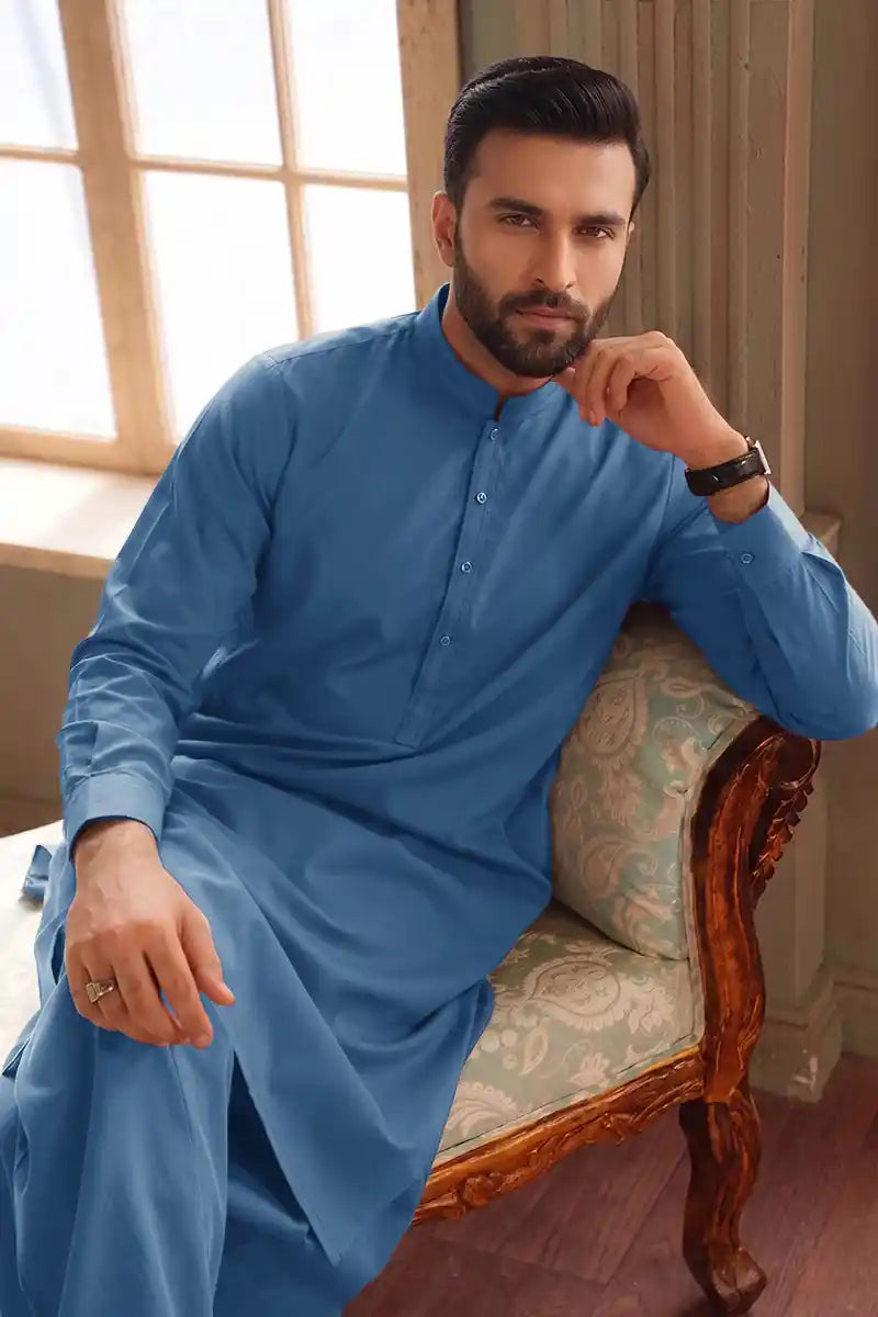 Premium Pasha Men’s Wash & Wear Unstitched Suit (Slate Blue)