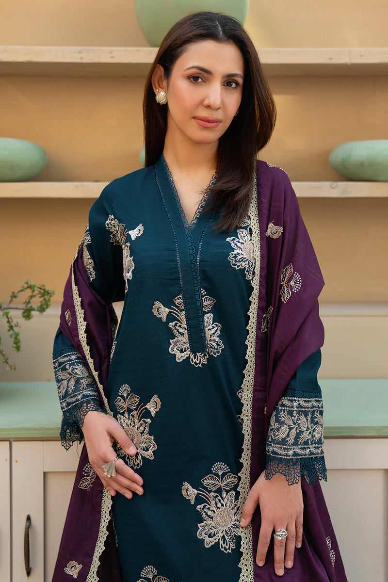 Khimar By Johra - 3PC Unstitched Embroidered Lawn Suit (Deep Teal & Dark Plum)