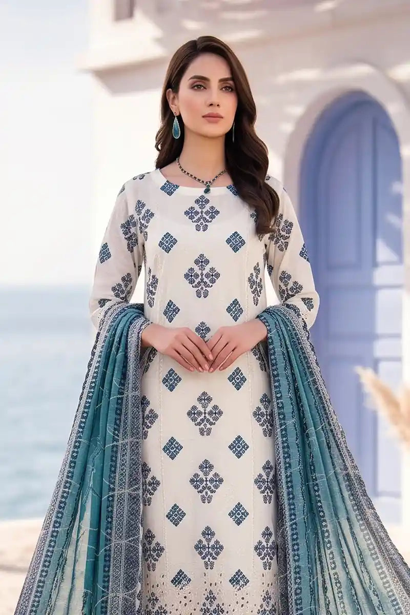 Zesh - 3PC Unstitched Embroidered Lawn Suit (Warm Cream & Teal Blue)