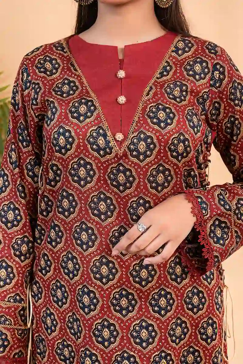 Naqsh Premium Printed Lawn Stitched Suit Set (Deep Crimson)
