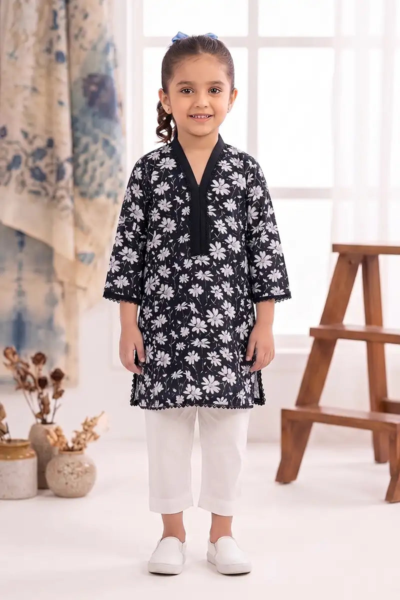 Little Angel Girls Soft Cotton Printed Kurti Shirt (Jet Black)